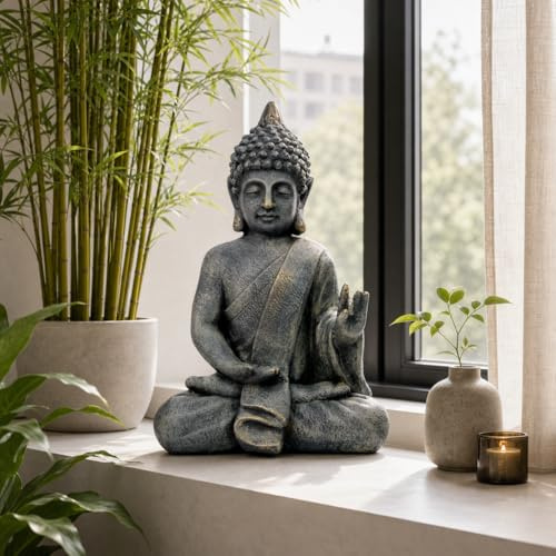 INtrenDU Buddha Figur Groß 52cm Betend – Buddha Statue in Steinoptik – Deko Skulptur für Wohnzimmer Innen, Zen Feng Shui Dekofigur