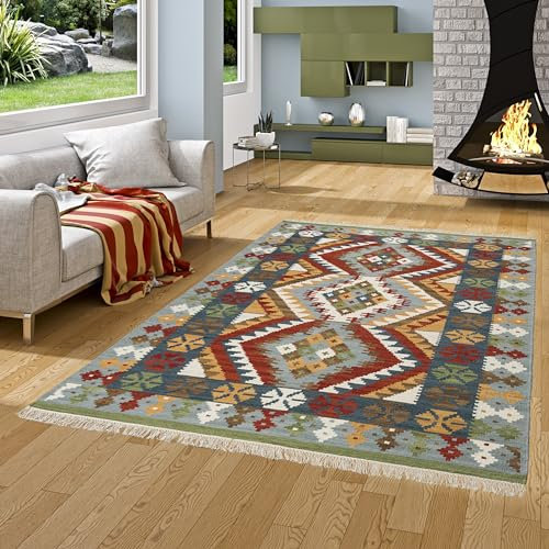 Natur Teppich Kelim Sumak Bunt Bordüre Trend in 7 Größen