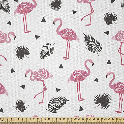 ABAKUHAUS Flamingo Stoff als Meterware, Aquarell Blumenkunst, Microfaser Stoff für Dekoratives Basteln, 1M (230x100cm), Schwarz Creme Rosa