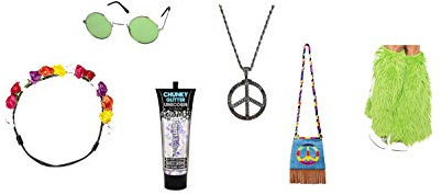Hippie Deluxe Accessoire Set (6-teilig) für Damen - mit Hippie-Tasche, Fellstulpen, Haarband, Peace-Kette, Brille & Glizer - individuell einsetzbar für Karneval, Verkleidungs-Event & Motto-Party