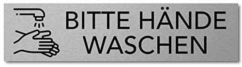 Interluxe Türschild Bitte Hände waschen 200x50x3mm, Schild aus Aluminium, selbstklebend und wiederablösbar für Toilette, WC, Waschraum oder Waschbecken