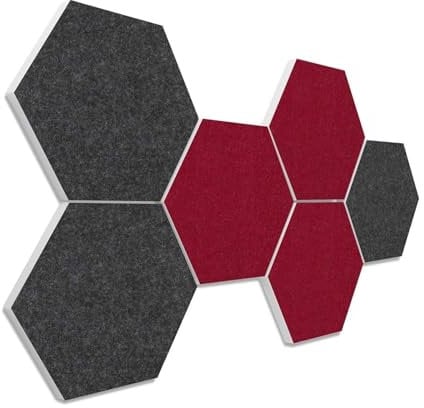 platino24 Akustikpaneele 6 Elemente Colore Waben Ø 30 cm Anthrazit + Bordeaux I Schallabsorber aus Basotect G+ mit Akustikfilz I Schalldämmung Wand & Decke I Akustikelemente Wandpaneel