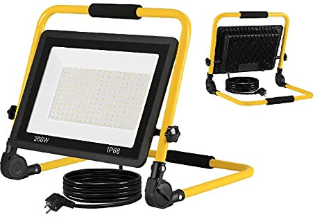 LZQ Projecteur de chantier LED portable 200 W Blanc chaud Avec support et poignée de transport Projecteur extérieur étanche IP66 pour jardin, garage
