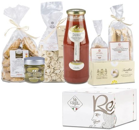 RE REGALO CESTO 'PUGLIA' Biscotti alle mandorle, Pomodori pelati, Frise Grano duro, Taralli, Olive di Cerignola, Orecchiette, Garganelli alla Bietola, Olio EVO, Prodotti Tipici Puglia, Alta Qualità