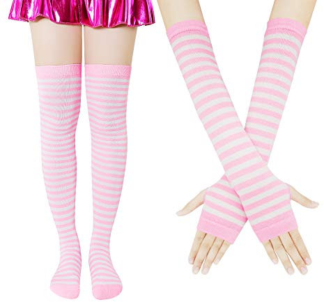 Bienvenu Gestreifte Kniestrümpfe für Damen, Armwärmer, fingerlose Handschuhe, Helles Pink, Einheitsgröße