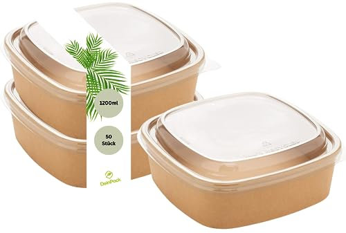 DeinPack Lot de 50 bols à salade de 1200 ml | à emporter avec couvercle marron carré I Bols recyclables en carton kraft emballage avec revêtement PLA I Bol à soupe | Bol à glace | Couvercle en PET