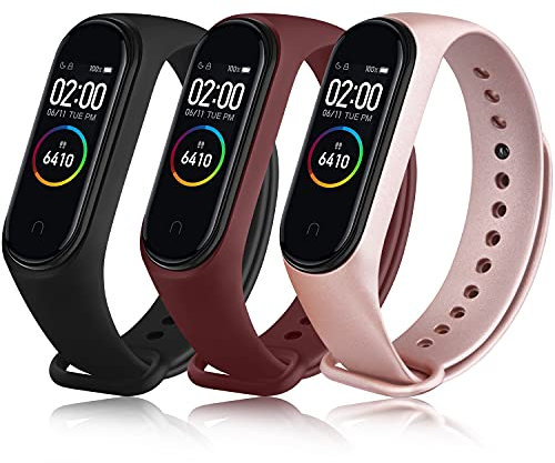 Oumida 3-Pack Kompatibel mit Xiaomi Mi Band 4/3 Armband, Silikon Sport Ersatzarmband für Xiaomi Mi Band 4 / Mi Band 3 (Schwarz/Roségold/Weinrot)