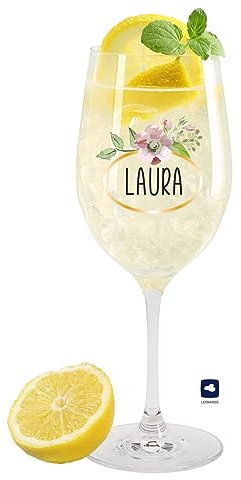 Herz & Heim® schönes Geschenk für die Frau Weinglas mit Personalisierung zu Weihnachten oder zum Geburtstag Wappen mit Blüten
