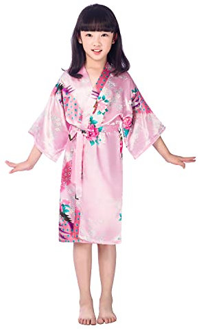 Westkun Kimono Japonais Enfant Imprimé Peignoir Long Robe Chinoise de Chambre Fille Gamins Traditionnel Classique Vêtements Soie Tissu Peignoir Mariage Fête Performance Robes(Rose,tag 10)