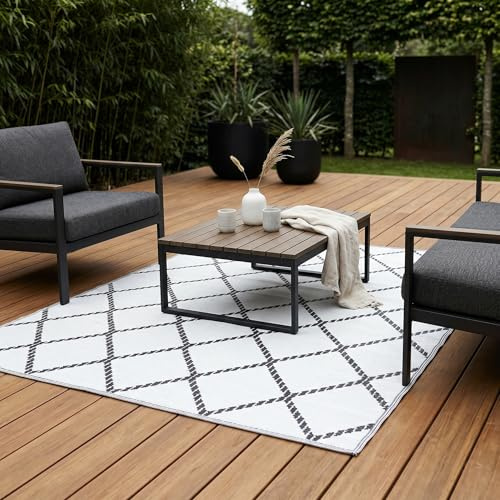 Relsy Outdoor Rug Waterproof Reversible Large Garden Rug 160 x 230cm, Black And White Rug - Area Rugs For Garden Outdoor Patio Rug, Camping Mat, Deck, Backyard, Picnic (Black & White, 160x230cm)