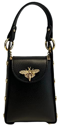 Modarno Mini-Tasche aus echtem Dollar Leder mit Karabinerverschluss in Bienenform, seitliche Nieten, abnehmbare Metallkette, Ledergriff, Schwarz