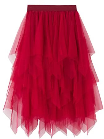 Damen Rock Tüll Unregelmäßig Unterrock Lagenrock Ballett Tutu Abschlussball Party Faltenkleid A-Linie Midirock High Waisted Rock (Rot, Einheitsgröße)