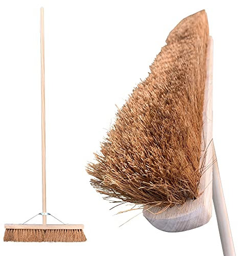 24” Wide Broom Indoor or Outdoor, Heavy Duty Broom with Natural Coco Bristles and 120cm Long Handle, Large Soft Broom for Industrial Use, Wooden Broom for Warehouse and Garage