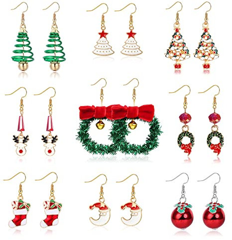JeweBella 9 Paar Ohrringe Weihnachten für Damen Mädchen Weihnachts Ohrringe Set Hängend Weihnachtsbaum Schneeflocke Weihnachtsglocke Elch Weihnachtsohrringe Damen Weihnachten Party Geschenk