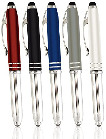 King of Flash Stylus Pen 3 in 1 Universal Capacitive Pens for Touch Screens Devices, LED Torch Light & Fine Metal Ballpoint Pen - 5 Pack Present Office or Home use with Pouch & 5 Refills