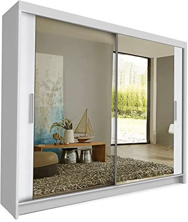 COMFATRA Toronto 203cm Double Wardrobe with Sliding Doors Mirror Wardrobe, 2 Door Wardrobe with Large Capacity and Easy Assembly, Space Saving Wardrobe for Bedroom Furniture (White)