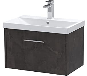 Hudson Reed JNU2622D Juno Wall Hung 1 Drawer Vanity Unit & Thin-Edge Ceramic Basin, 600mm, Matt Metallic Slate