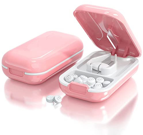 FAMIDIQGO Kleiner Pillenschneider, tragbarer hübscher Pillenzerkleinerer für die Handtaschentasche (Pillenschneider, Rosa)