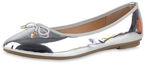 VAN HILL Damen Klassische Ballerinas Kunstleder Schuhe Flache Schleifen Freizeitschuhe Bequeme Sommerschuhe 211902 Silber 38