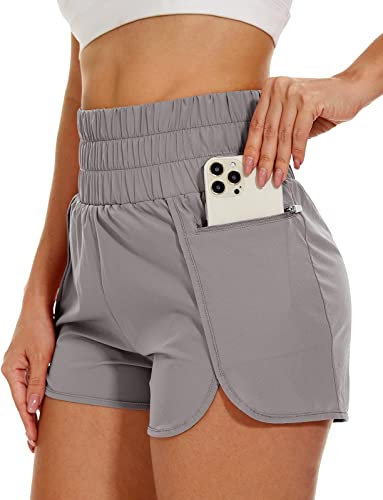 Mancreda Damen-Laufshorts mit Innenfutter, 3 Reißverschlusstaschen, elastisch, Workout, Athletik, Fitnessstudio, Yoga-Shorts, Grey01, X-Groß
