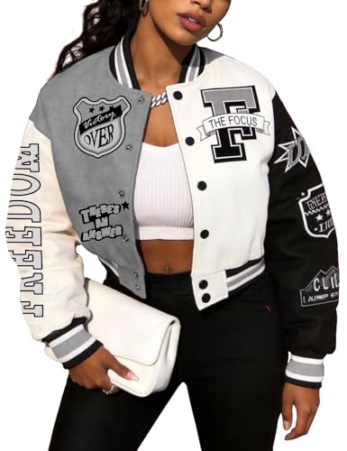 Flygo College Jacket Baseball Bomber Varsity Jacket Vintage Sweatshirt Casual Unisex Streetwear Coats(Grey-M)