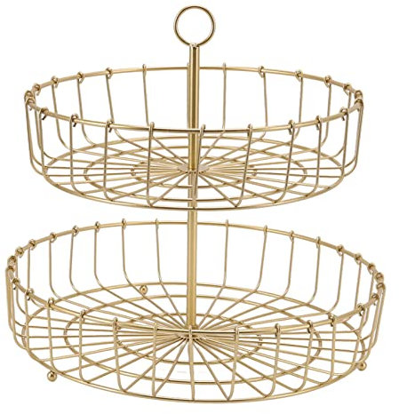 Wnvivi 2 Tier Fruit Bowl,Modern Design Iron Art Round Fruit Basket,Detachable Gold Snack Bread Vegetable Fruit Storage Tray for Desktop Decor