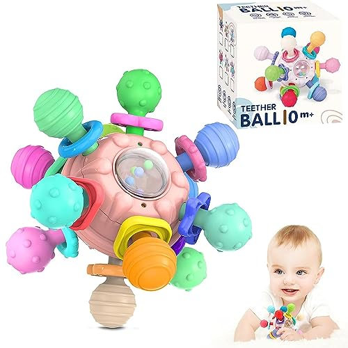 Beißring Baby, Beissring Baby Spielzeug aus Silikon BPA-frei, Greifball Babyspielzeug, weiche Zahnen Spielzeug Teether Ball Motorikspielzeug, Rassel Baby Geschenk ab 0 3 6 9 Monate Jungen und Mädchen
