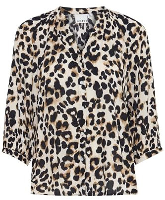ICHI IHMARRAKECH Damen Bluse Shirt Blusenshirt mit 3/4-Arm Gemustert V-Ausschnitt Regular fit, Größe:S, Farbe:Tannin Leo AOP (202927)