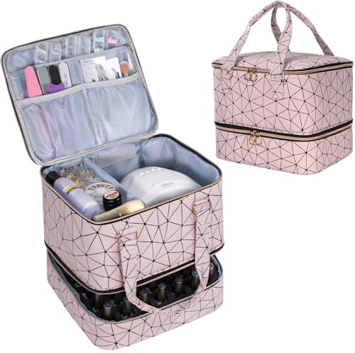 Uross Nail Polish Organizer Bag Holds 42 Bottles Nail Polish & Nail Lamp, Gel Nail Polish Organizers and Storage box for Nail Tech, Nail Kit Supplies Organizer Case -Lightpink