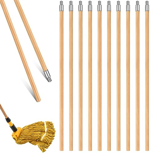 Barydat 55 Inch Lacquered Wood Broom Handle with Metal Threaded Tip Heavy Duty Natural Lacquered Wood Handle for Floor Home Office Commercial, 1 Diameter(10 Pack)
