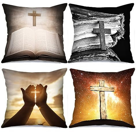 Tucocoo Kissenbezug mit Jesus-Kreuz, dekorativ, 45 x 45 cm, 4 Stück, christliche religiöse Kissenbezüge, Moderne quadratische Kissenbezüge, christlicher Retro-Kissenbezug für Couch, Sofa, Bett