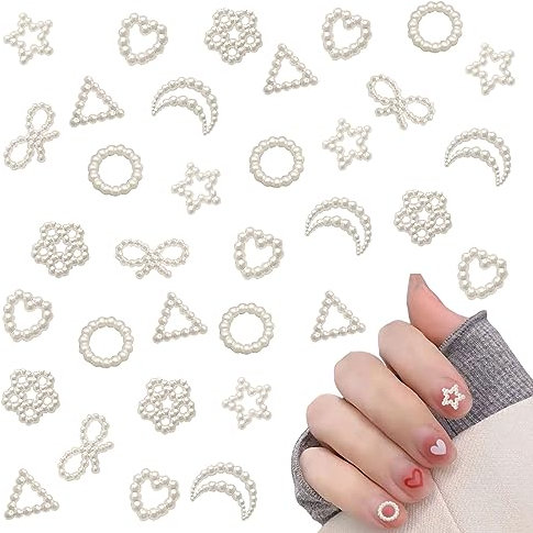 Pearls Nail Charms,200PCS Mixed Beige Pearls Star Circle Bow Moon Flower Triangle Love Heart Nail Gems,3D Hollow Resin Nail Charms for Nail Art Design Decorations DIY Crafting Jewels