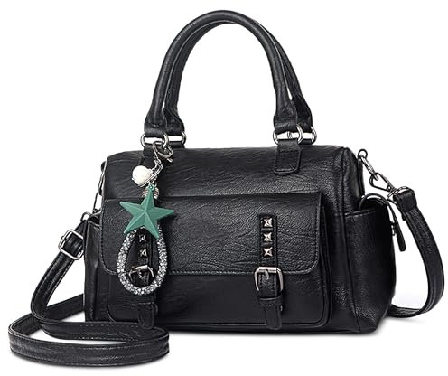 SODOLLEE Handtasche Damen Henkeltaschen mit Exquisiter Anhänger Retro Umhängetasche PU Leder Schultertasche für Arbeiten Reisen Shopper Schwarz