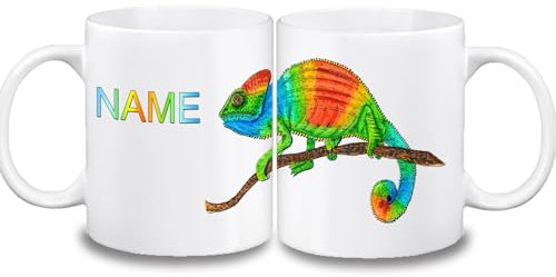 Kinder Tasse mit Name/Farbwahl Tasse + Schriftwahl für Name + Keramik oder Kunststoff (Chamäleon)