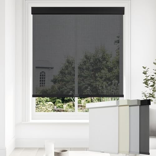 Persilux Free-Stop schnurlose Solarrollos, Lichtfilter-Rollos für Fenster, Schwarz, 73,9 cm B x 183,9 cm H, 5 % Öffnung, UV-Schutz, schwer entflammbar, Sicht durch Solar-Fensterblenden für Haustür