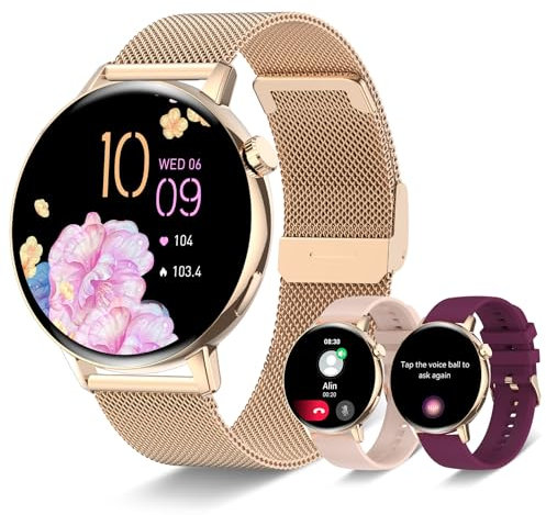 Reloj Inteligente Mujer con Llamadas, IP67 Impermeable Smartwatch Mujer Redondo con Whatsapp, Pulsómetro Oxímetro Monitor Sueño Podómetro, DIY Esfera Reloj, Reloj Digital Mujer para Android iOS