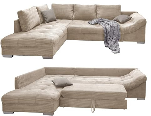 Wunderschönes Cord Ecksofa mit Schlaffunktion, Wellenunterfederung, gemütliches L-Sofa 298 x 202 cm, Longchair Ottomane links, Couch mit Cordstoff in Beige, 2 Zierkissen in Grau / 17204