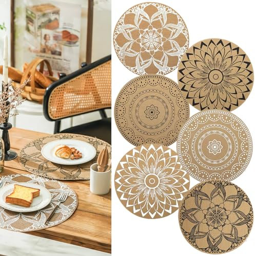 Elistonie Set di 6 tovagliette rotonde in stile boho, lavabili, per tavolo da pranzo, in vinile, resistenti al calore, impermeabili, rotonde, con mandala, tovagliette, tovaglietta bohémien (misto)