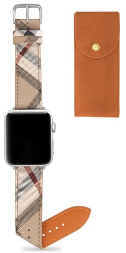Bracelet de montre de designer pour femme compatible avec les bracelets Apple Watch 41 mm, 40 mm, 38 mm – Bracelet de montre de luxe en cuir beige classique à carreaux compatible avec iWatch Series