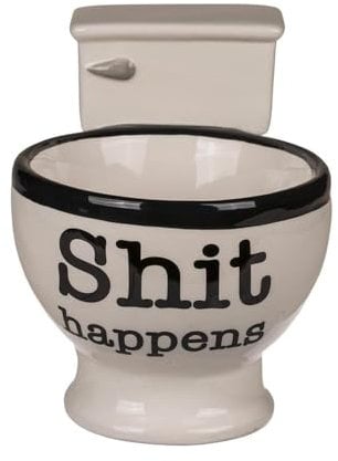 Avilia Tazza per Caffè e Tè a Forma di WC - Tazza Simpatica con Decorazione Bagno e Scritta Shit Happens, in Ceramica, 16x12cm, 250ml, Bianco e Nero