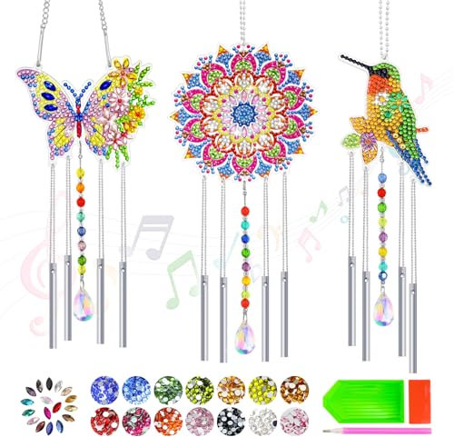 AFXXE Diamond Painting Sonnenfänger Windspiel,Bastelsets Geschenk Mädchen 6 7 8 9 10 11 12 Jahre,3 Stück DIY 5D Doppelseitiges Diamant Painting Kinder Anhänger(Schmetterling+Vogel+Sonne)