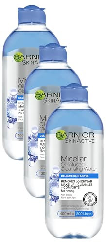 Garnier Micellar Cleansing Water For Delicate Skin 400ml, Cleanser & Makeup Remover For Delicate Skin & Eyes, Recognised By The British Skin Foundation, Use With Reusable Micellar Eco Pads (Pack of 3)