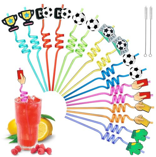 Football Deco Anniversaire Enfant,16 Pcs Football Enfant Pailles Avec 2 Brosses De Nettoyage Pailles RéUtilisables,Pailles De FêTe BoucléEs,Fournitures De FêTe D'Anniversaire Pour Enfants