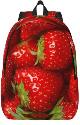 ESASAM Roter Rucksack aus Segeltuch mit Erdbeerfruchtdruck, stilvoller und langlebiger Canvas-Rucksack, Schwarz , M