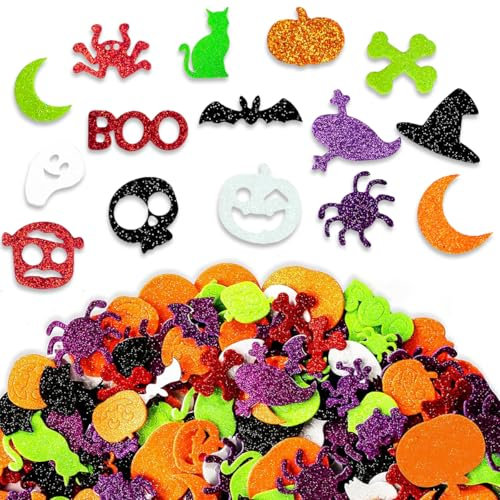 Halloween Aufkleber, 500 Stück Schaum Sticker Halloween für Kinder, Fledermaus Spinne Kürbis Selbstklebend Glitzer Aufkleber für DIY Basteln Halloween Deko, Geschenke, Scrapbooking, Einladungskarten