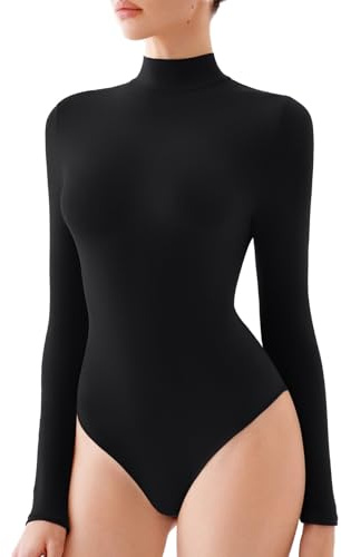 REORIA Women's Mock Turtleneck Body Suits Long Sleeve Bodysuits Fall Winter Double Lined Soft Basic Slim Tight Layering Tops Trendy Outfits 2025(Black Medium)