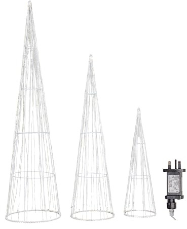 Samuel ALEXANDER Set of 3 Light up White Metal Dewdrop Christmas Cone Trees with Warm White LEDs