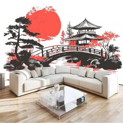 Fototapete 3d Effekt Wallpaper Japanischer Stil Tempel Brücke Vlies Wanddeko Wandbild Tapete Weiß 3D Panorama Poster Schlafzimmer Wohnzimmer Kinderzimmer Wandbild 300 x 210 cm