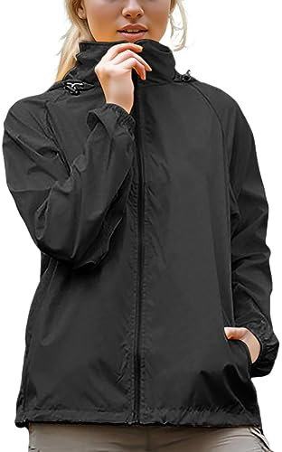 Coupe Vent Femme Impermeable Veste de Pluie Avec Capuche LéGèRe SéChage Rapide Couleur Unie Veste Sport Femme avec Fermeture éClair Fine Respirant Veste D'ExtéRieur pour Les Voyages et Le VéLo