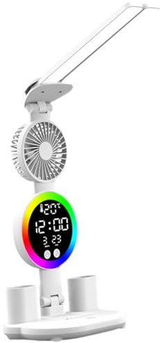 LOVIVER LED-Schreibtischlampe, Leselampe, praktisch, mit Uhr, Datum, Temperatur, helle, zweiköpfige Tischlampe für das Lesen im College, Uhr-Fan